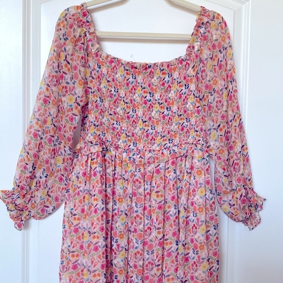 Lili Sidonio Dresses & Skirts - Lili Sidonio Smocked Maxi dress Womens L Ditzy Floral sheer peasant puff sleeve